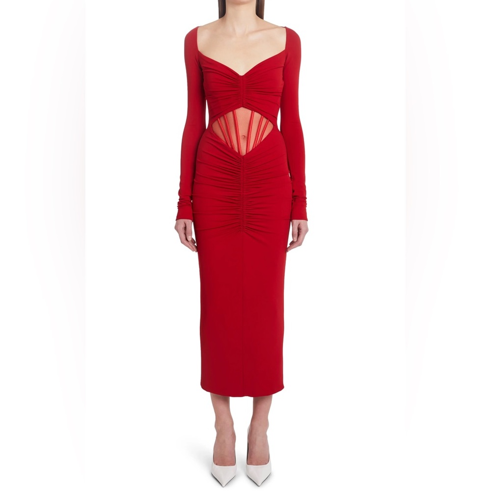 Authentic Versace Corset Cutout Ruched Long Sleeve Jersey Midi Dress